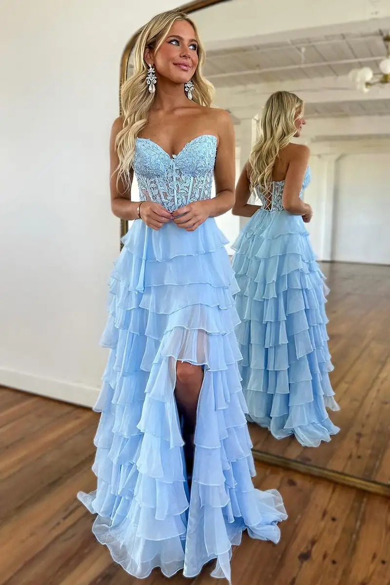 Sweetheart Ruffle Corset Prom Dress Long With Beaded Tiered Chiffon Long Formal Evening Dresses Gorgeous Open Back Party Gowns