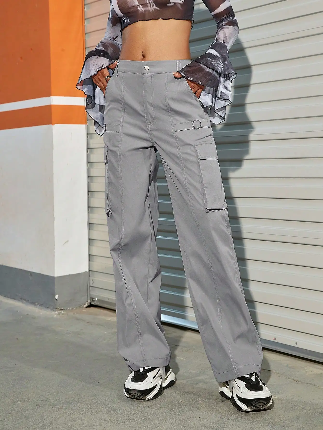 Women Fashion Flap Pocket Side Cargo Pants BF Baggy Wide Leg Hip Hop Sweatpants High Waist Casual Parachute Pants Mujer