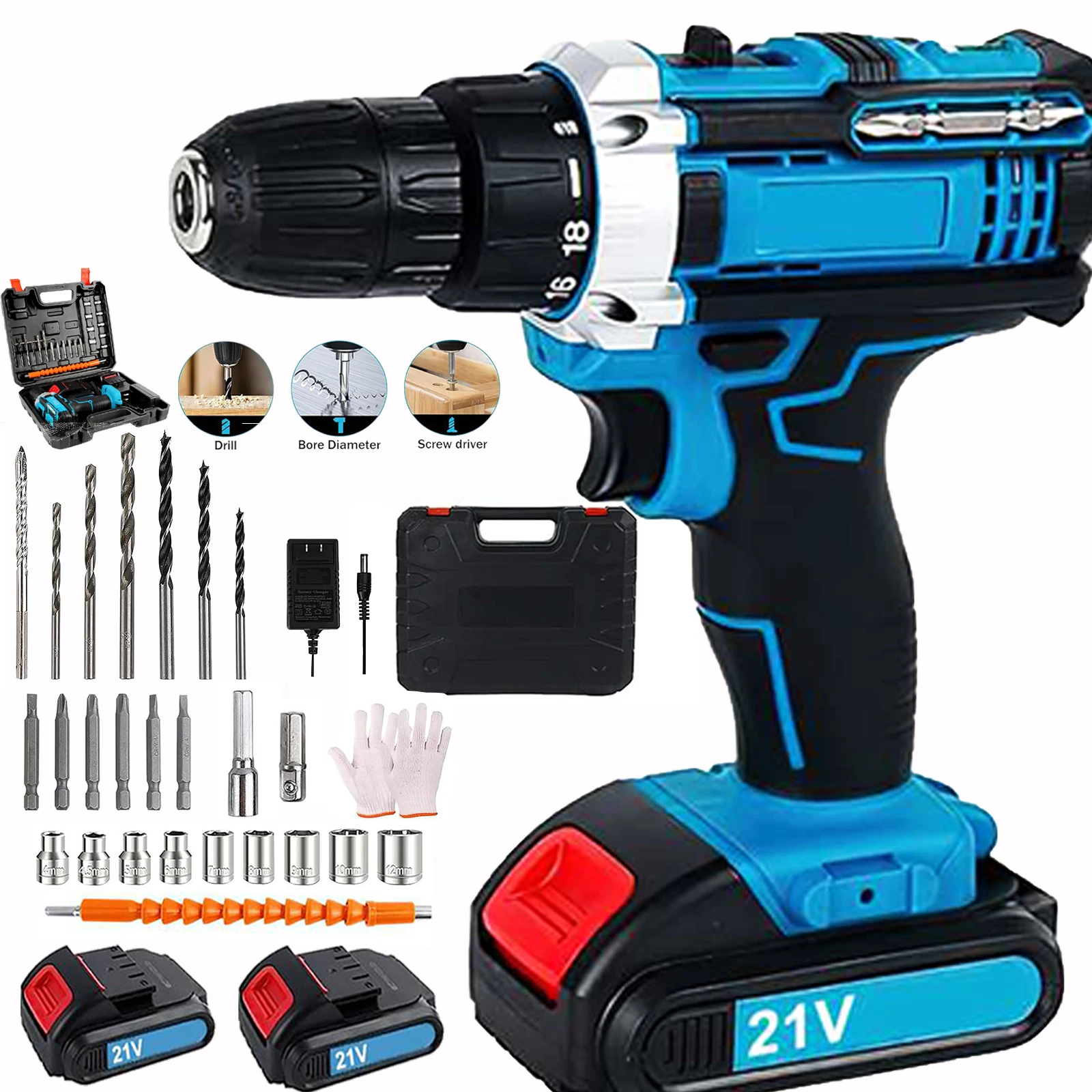 Cordless Brushed Electric Hand Drill 1800rpm Pistol Impact Drill 3/8