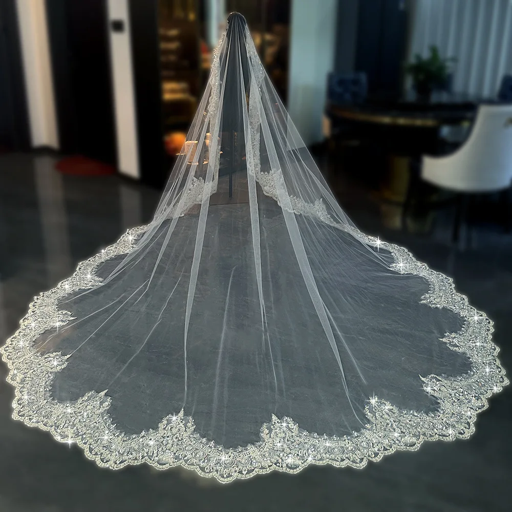 Velo de Novia de Lujo de 3x3m, Velos de Novia Largos con Apliques de Cuentas Brillantes y Lentejuelas, Velo de Novia de Alta Calidad con Peineta
