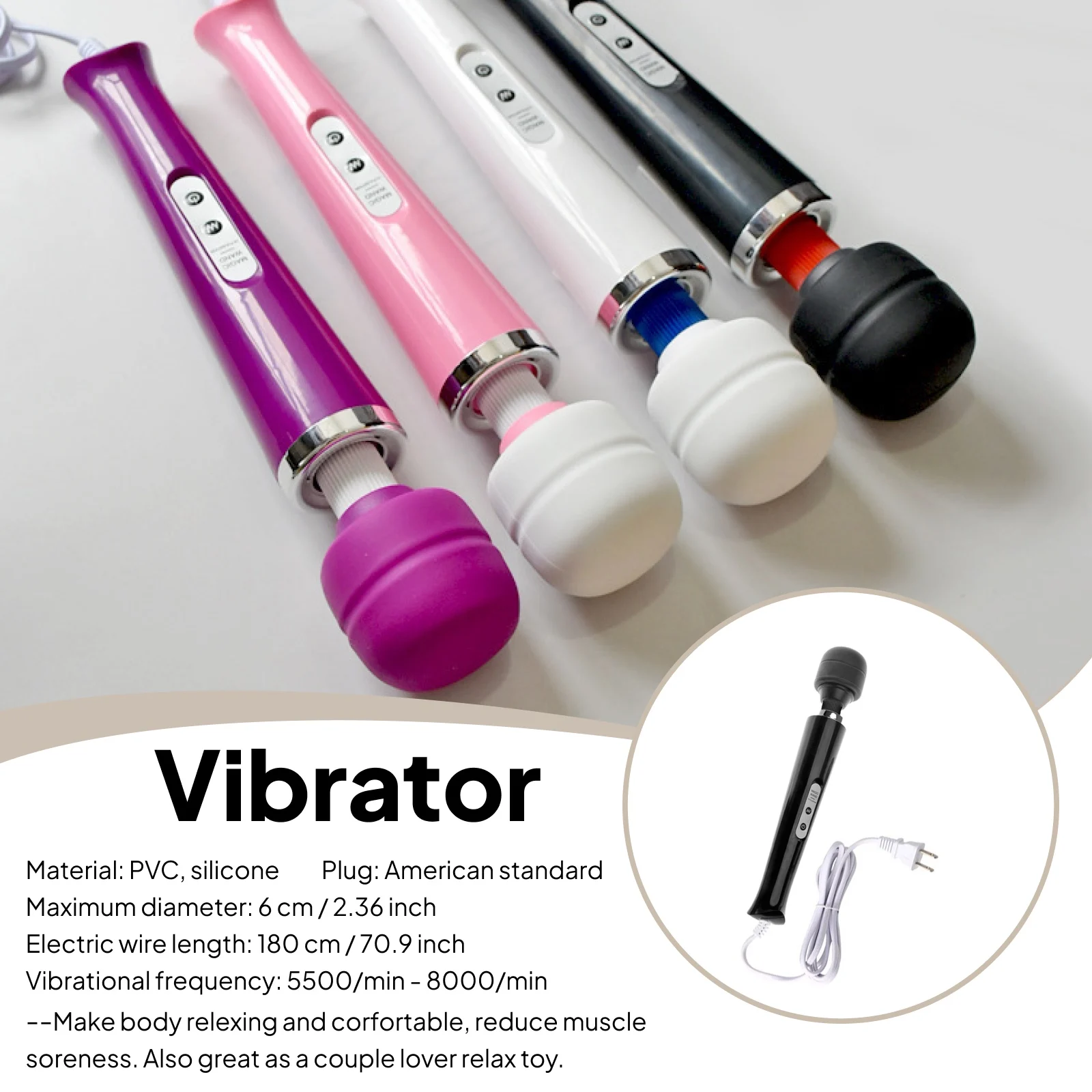 Vibrating Massage Stick Magic Wand Massager Electric Device for Women Adult with PVC Silicone Full Body Support