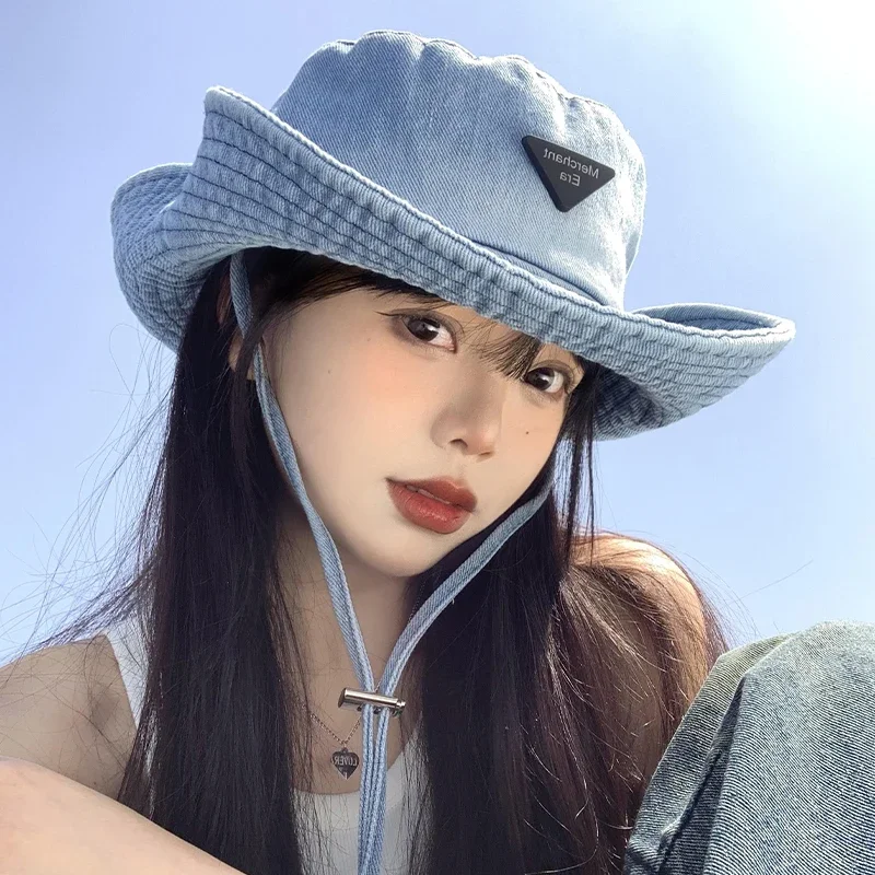 Japońskie Retro Denim sznurkiem kapelusze typu Bucket kobiety lato na zewnątrz ochrona UV słońce Camping wszechstronne czapki rybackie dla mężczyzn — zdjęcie 2