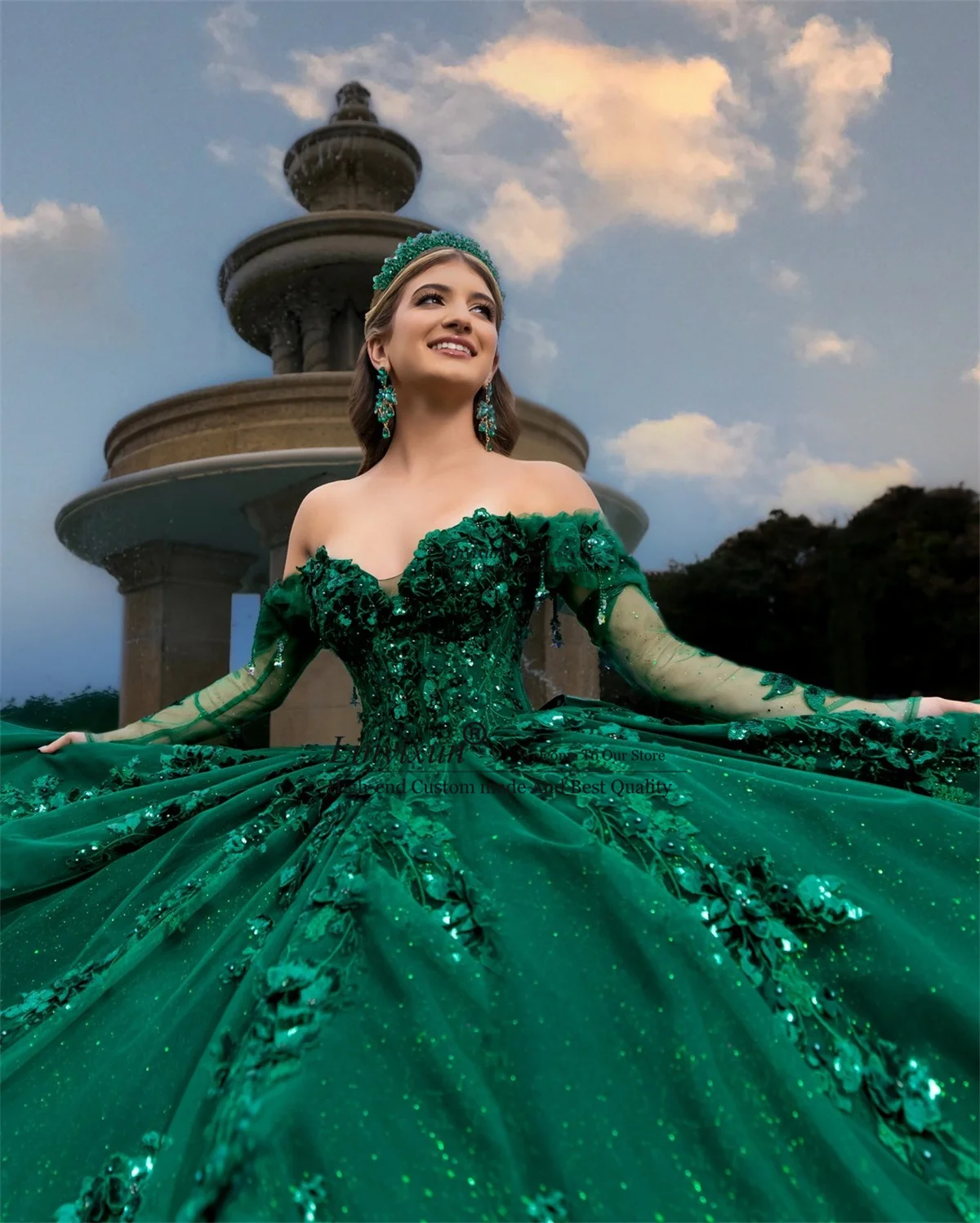 green mexican quinceanera dresses 3D Floars Appliques Lace Bow Ball Gown Sequin Vestidos de XV anos Customized Birthday Sweet 16 Gowns mermaid dress slit