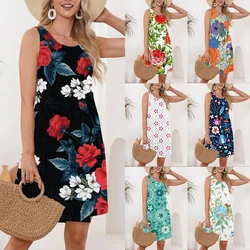 Women's Summer Bohemian Beach Print Dress Sexy Elegant Sleeveless O Neck Loose Casual A-Line Mini Dress Sundress Tank Dresses