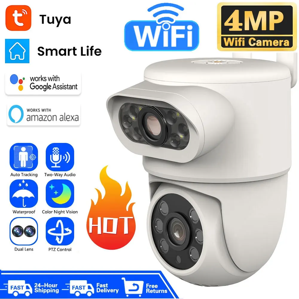 

Tuya Wifi PTZ Camera Outdoor 4MP HD Dual Lens Dual Screen AI Auto Tracking IP Camera CCTV Audio Video Surveillance Home Security