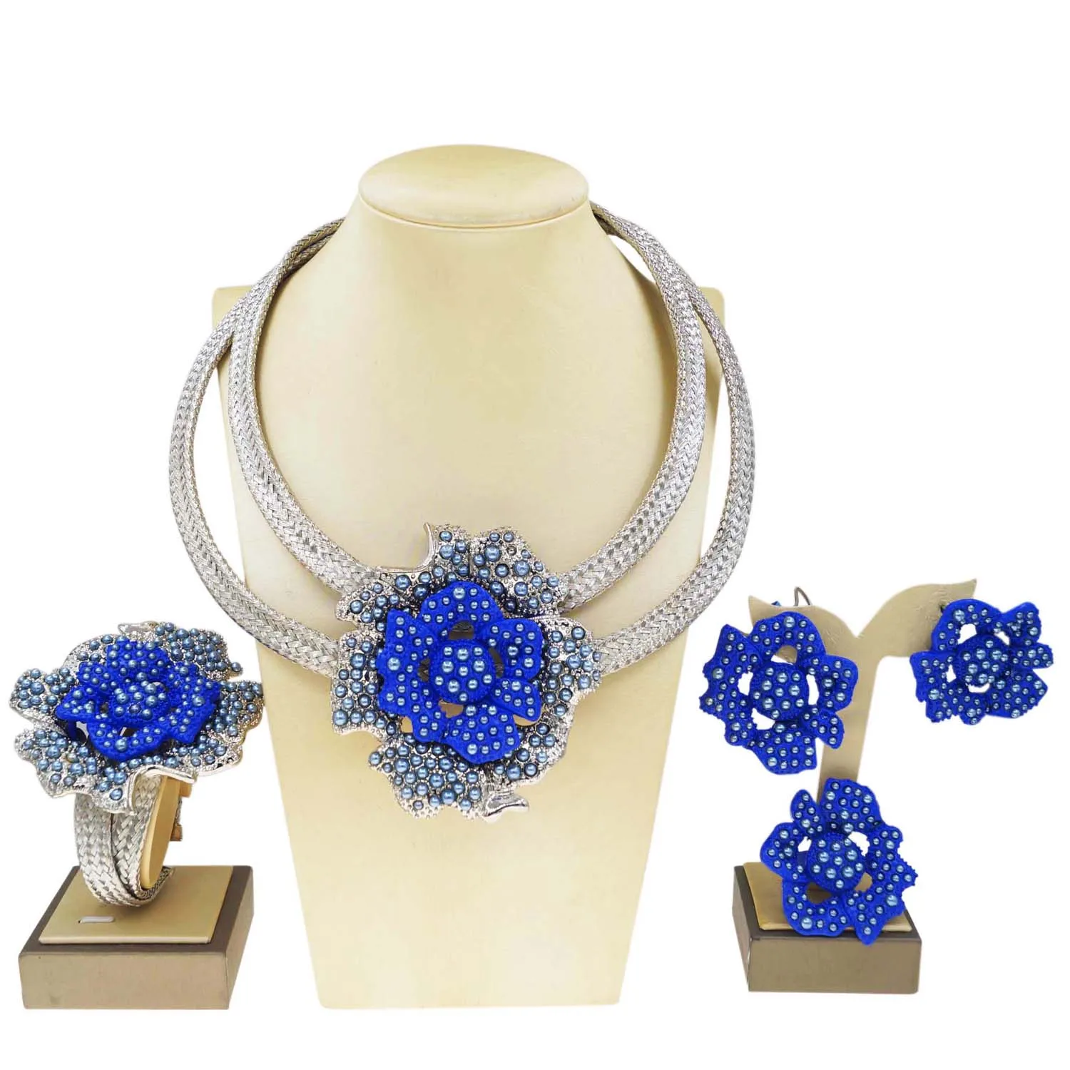 Stylish Brazilian Gold Plated Jewelry Women Jewelry Set Blue Rose Luxury Wedding Necklace Nigerian Engagement Jewelry