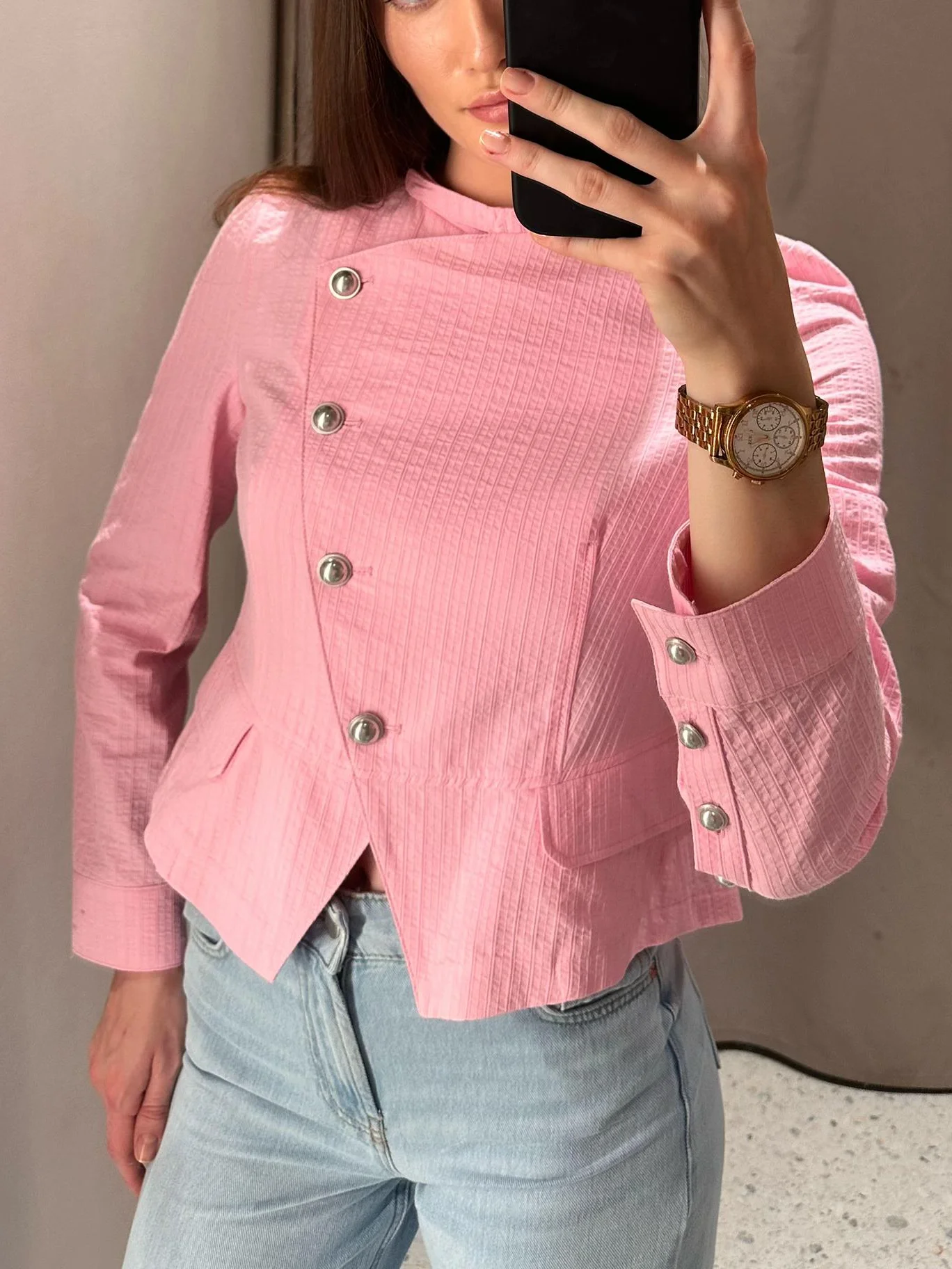 Elegant Asymmetric Blazer Jacket Women Metal Buttons Textured Pink Crop Coats Office Lady Long Sleeve Outerwear Stand Collar