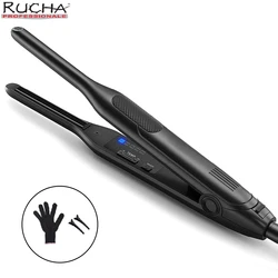 Mini Hair Curler 2 in 1 Pencil Hair Straightener Titanium Plate Thinnest Narrow Flat Iron with LED Display for Short Beard Hair