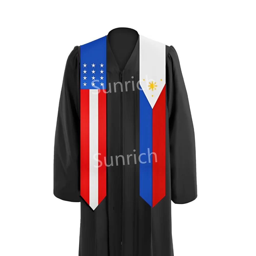 Mixed USA & Philippines Flag Graduation Stole Satin Fabric American Filipinos Study Abroad Graduation Sash