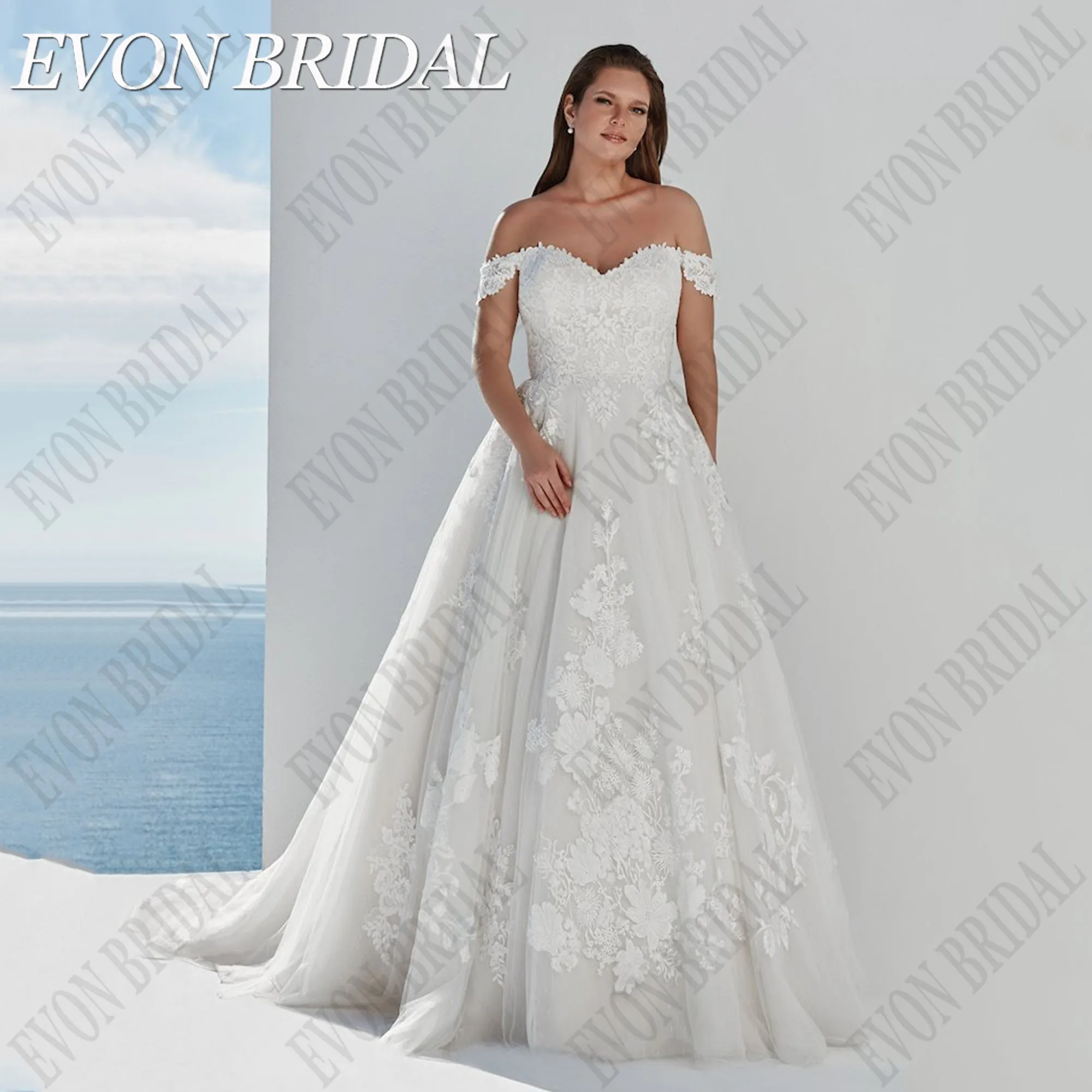 

EVON BRIDAL Sweetheart Off Shoulder Civil Tulle Wedding Dress Plus Size A-Line Bride Gown Applique Customized Robe De Mariée
