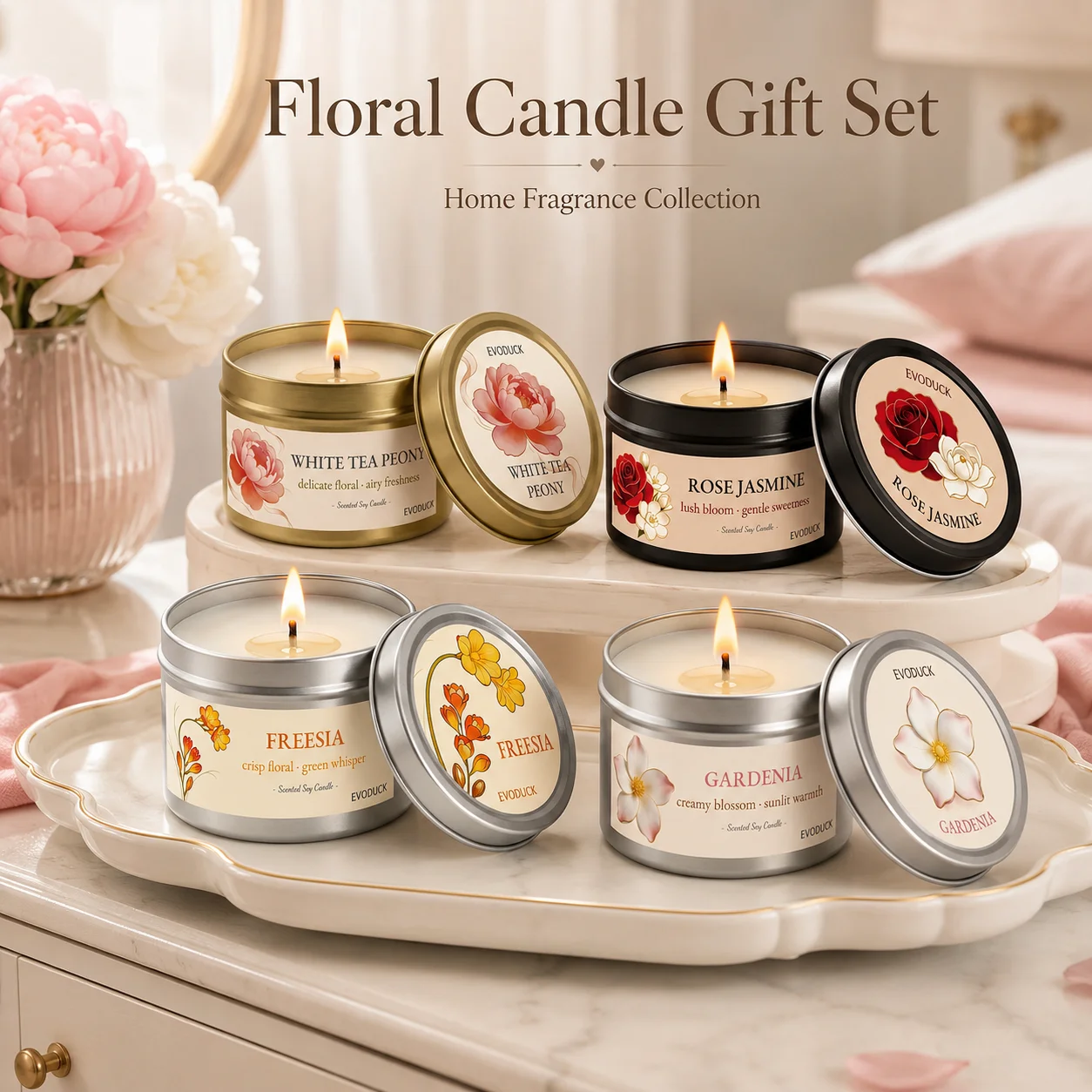 Home Fragrance White Jasmine - 4Pcs Floral Scented Candle Set with