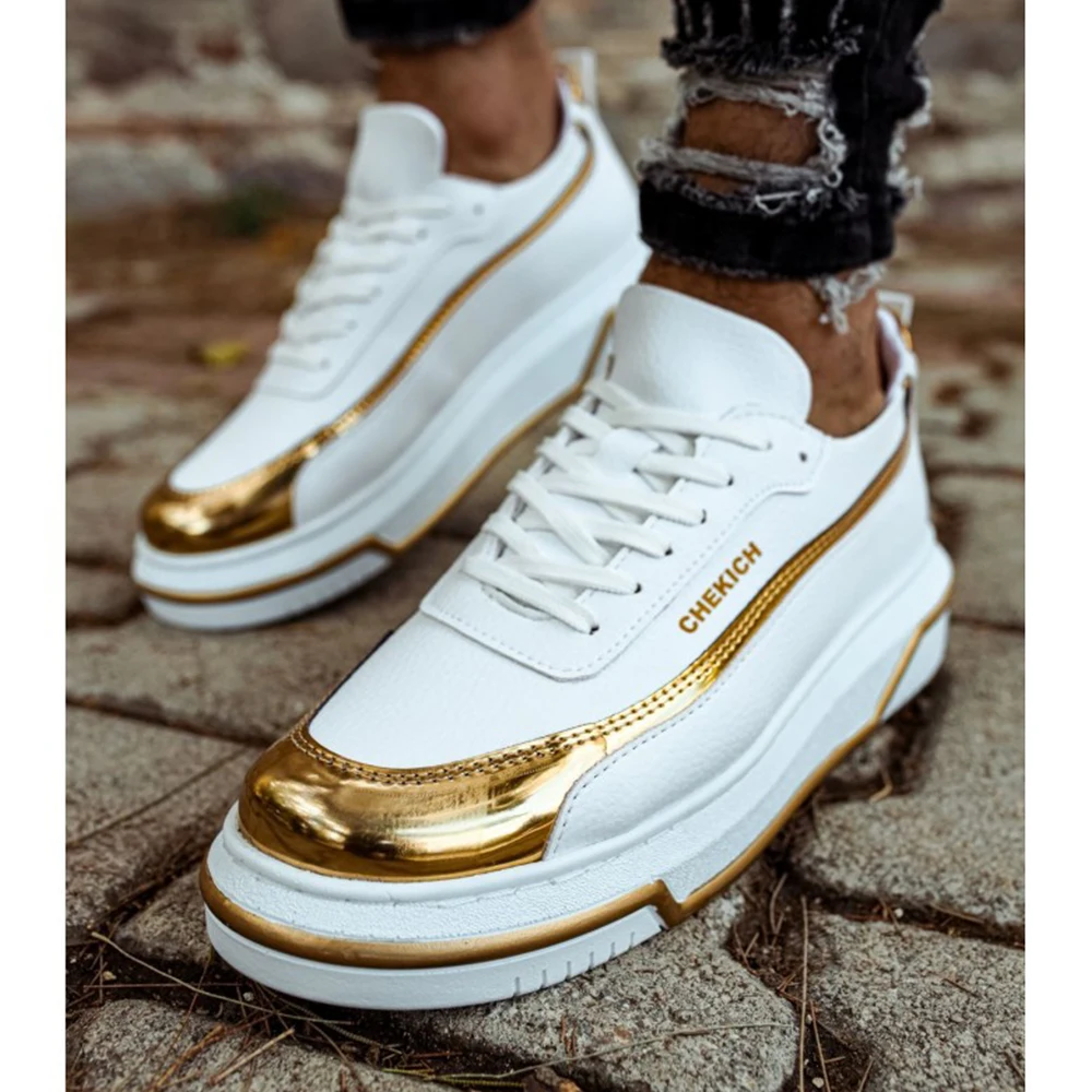 FOH Store Sneakers for Men Women WHITE GOLD Artificial Leather 2023 Spring Autumn Casual Lace Up Fashion Shoes High Base Sport Comfortable Light Vulcanized Daily Original Odorless Orthopedic Suits Office Wedding 041