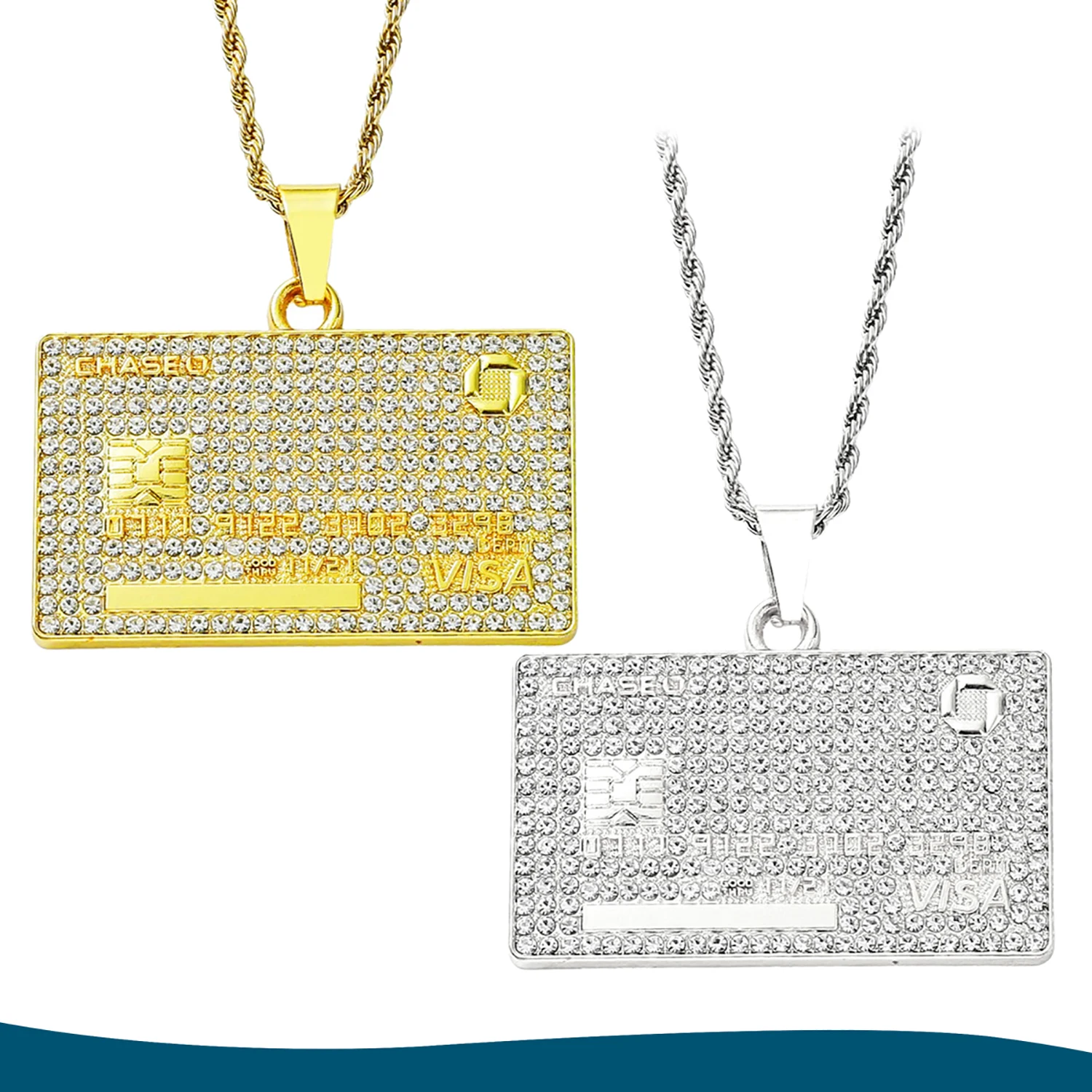 

Men's Hip Hop Versatile VISA Golden Silvery Card Necklace Pendant Street Cool And Spicy Cuban Chain With 3mm 24 Inch Long Chain