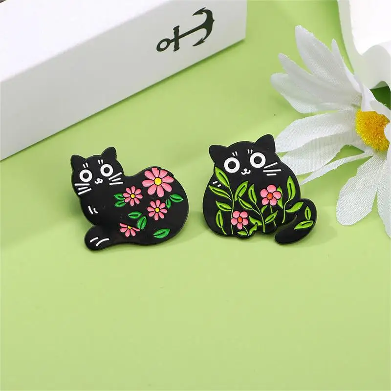 Cute Cartoon Black Cat Enamel Brooch Creative Animal Flower Plant Lapel Pin Badge Backpack Clothing Hat Accessories