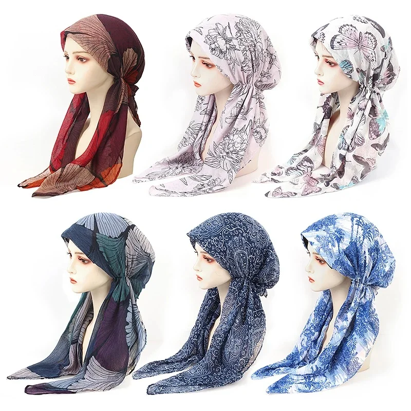Moda damska Muzułmański hidżab z nadrukiem Turban Kapelusz Wstępnie wiązany szalik Wypadanie włosów Szalik na głowę Muzułmańska opaska na głowę Wiązana chustka Turbante Mujer — zdjęcie 2