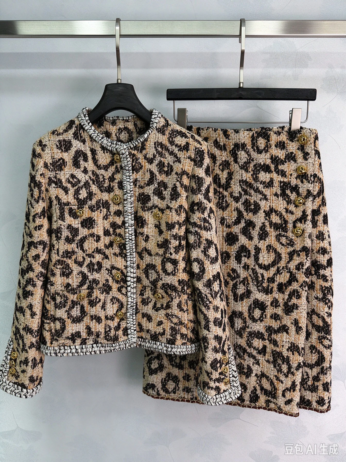 Women Autumn Leopard Print Tweed Matching Suit, Long Sleeve Cropped Outerwear and A-line Skirt 2pcs Set for Daily Party