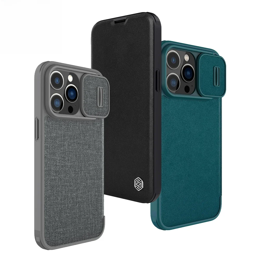 Etui z klapką do iPhone 14 Pro Max Nillkin Qin, skórzane etui z tkaniny, etui z przesuwaną klapką na aparat do iPhone 14 Pro / 14 Plus — zdjęcie produktu 7