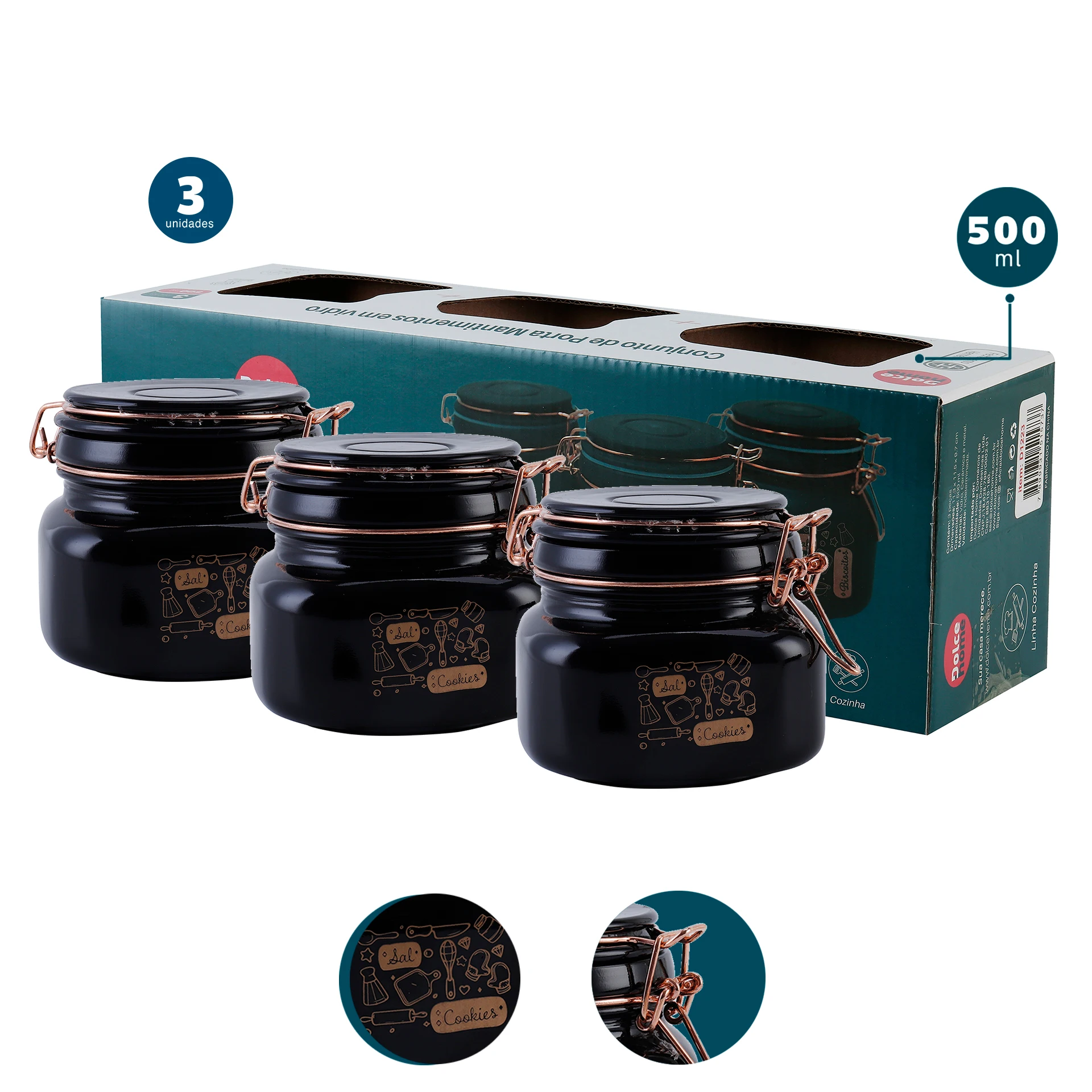 Potes Mantimentos Vidro Preto 500 Ml Kit C/3  - Dolce Home