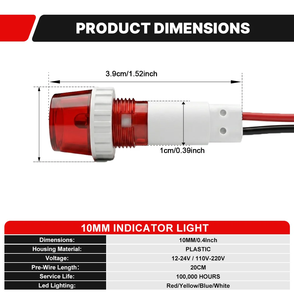 FILN 3er-Set 10mm LED-Anzeigeleuchten mit Gewinde, 12V 24V 110V 220V, vorverdrahtet, flache Signallampe für Auto, Boot, Haushaltsgeräte – Detail 2