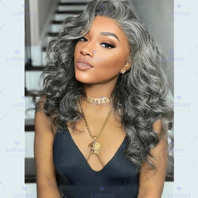 شفاف فلفل رمادي للمبتدئين ودية الجسم موجة الدانتيل الجبهة الباروكات متموجة غلويليس شعر مستعار شعر مستعار الإنسان