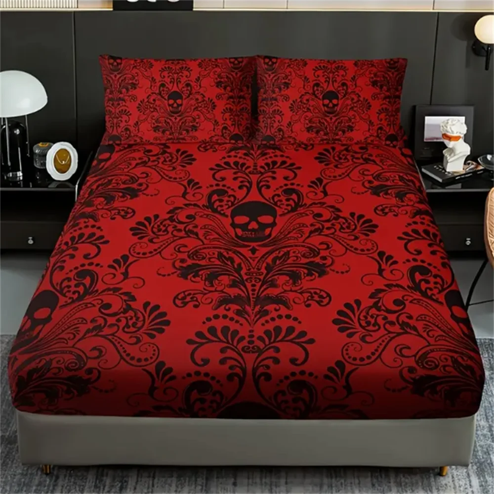 Skull Floral Design 3-Piece Bed Sheet Set - 100% Polyester, Digital Print, Breathable All-Season Fitted Sheet and Pillowcase Set