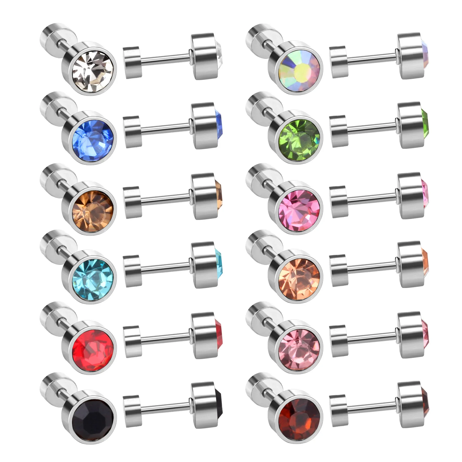 Großhandel 12 Paare/Lots 3-6MM runde Edelstahl-Ohrringe mit Zirkonia-Schraubverschluss, bunte Ohrstecker für Mädchen, Schmuck – Detail 3