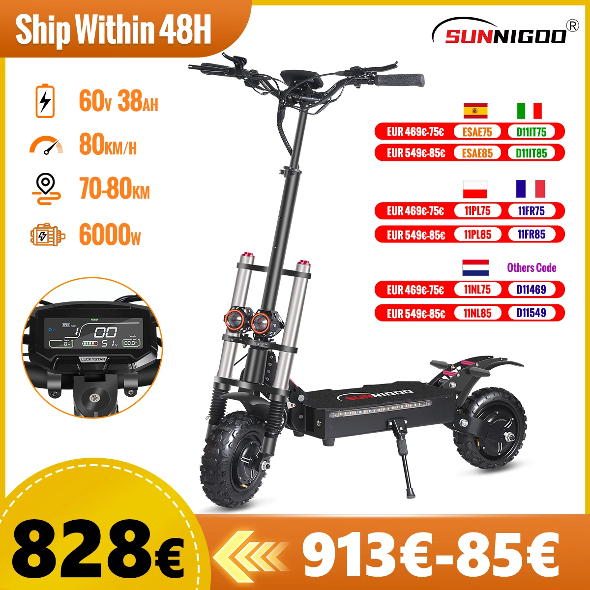 6000W Powerful Electric Scooter 60V 38Ah Max Speed 85km/h 100km Range 11'' Tire Dual Shock Absorbing Folding EScooter for Adults