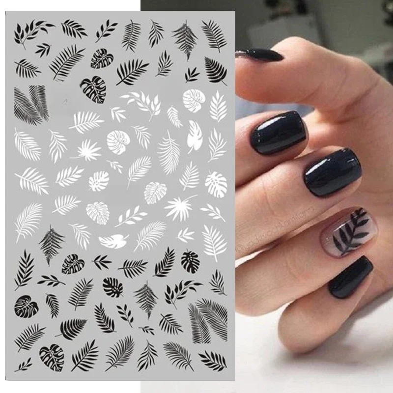 Autocollants 3D feuille d'érable noir et blanc pour décoration des ongles, cœur géométrique, Alphabet anglais, décalcomanies pour Nail Art, curseur d'ongles