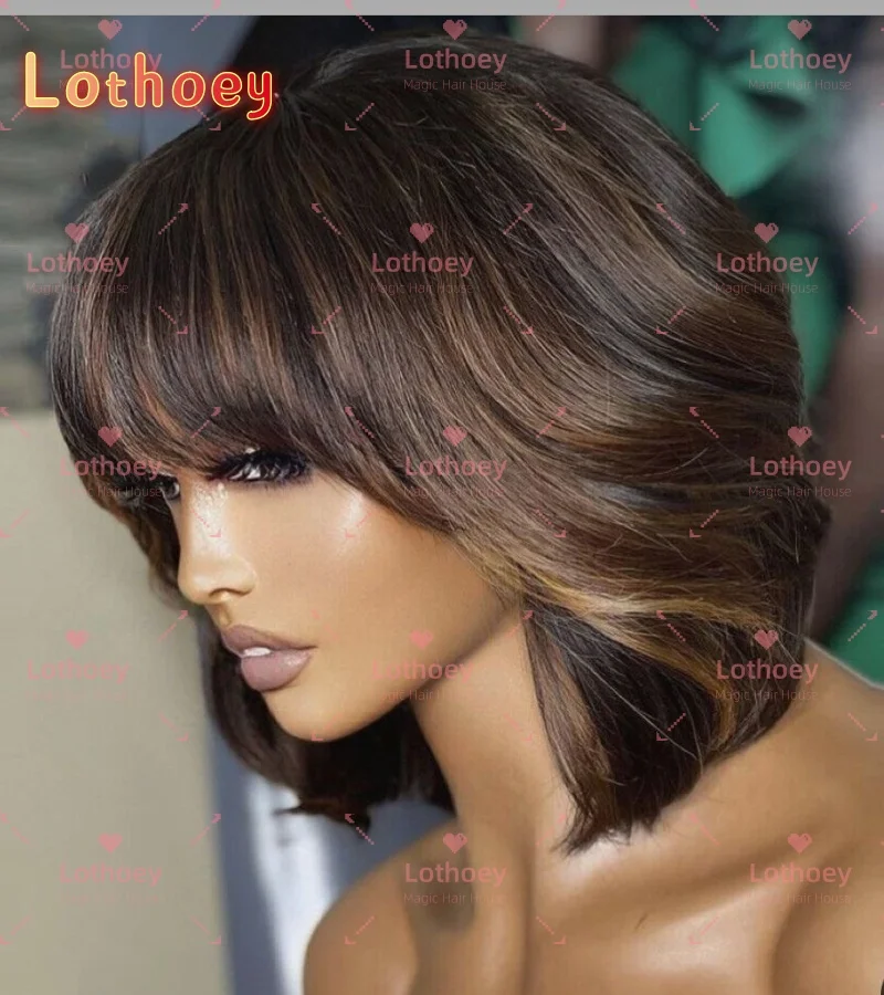 Парик с коричневой челкой Средний и длинный короткий парик Парик на шелковой основе Многоспецификация на выбор Человеческие волосы Натуральный блеск Натуральный парик Ежедневно