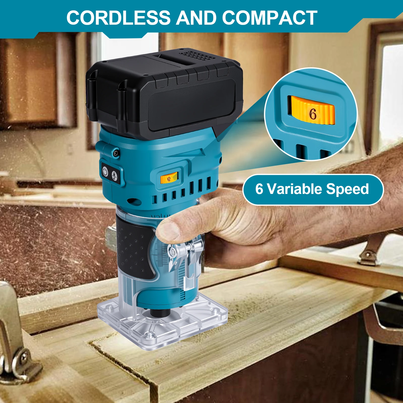 Bürstenloser 6-Gang-Holzfräser, Kabelloses Fräs-, Gravur- und Schlitzgerät, Holzbearbeitungs-Trimmfräsmaschine für Makita-Akkus – Detail 8