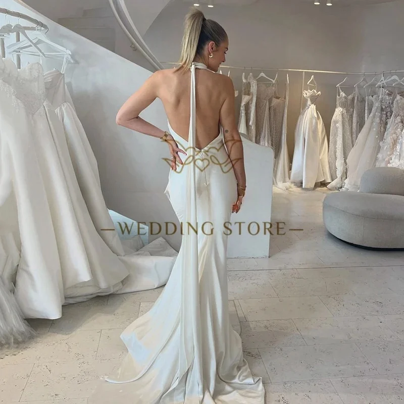 Customize To Measures Mermaid Wedding Dresses Halter Neck Backless Satin Wedding Gowns Boho Beach Bridal Gowns For Women Stunnin