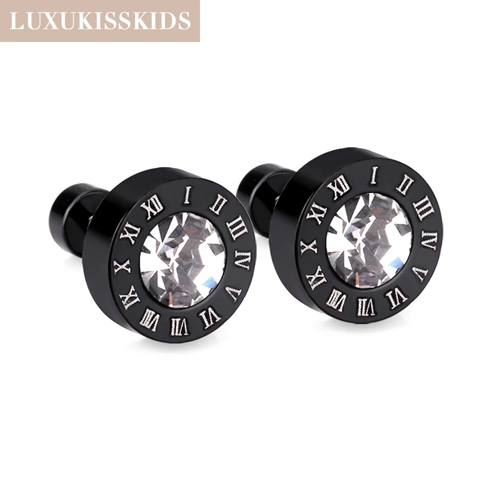 LUXUKISSKIDS Fashion Round Roman Numeral Grain Stud Earrings Woman/Man Stainless Steel Black Anti-allergy Earrings Jewelry Gifts