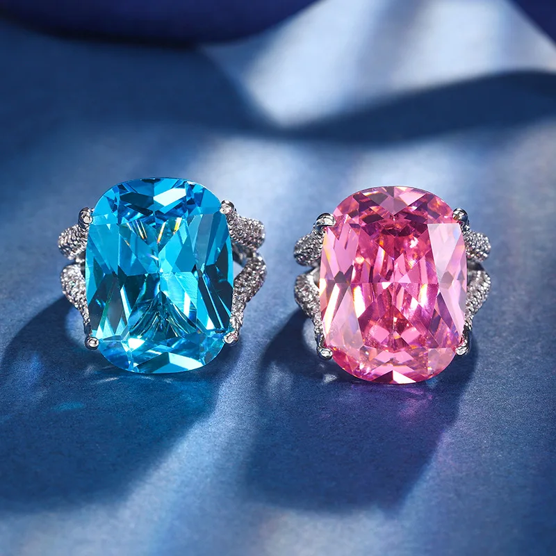 

Women Fashion Jewelry 15x20mm Candy Color Pink Blue Aquamarine Cubic Zircon Big Adjustable Ring