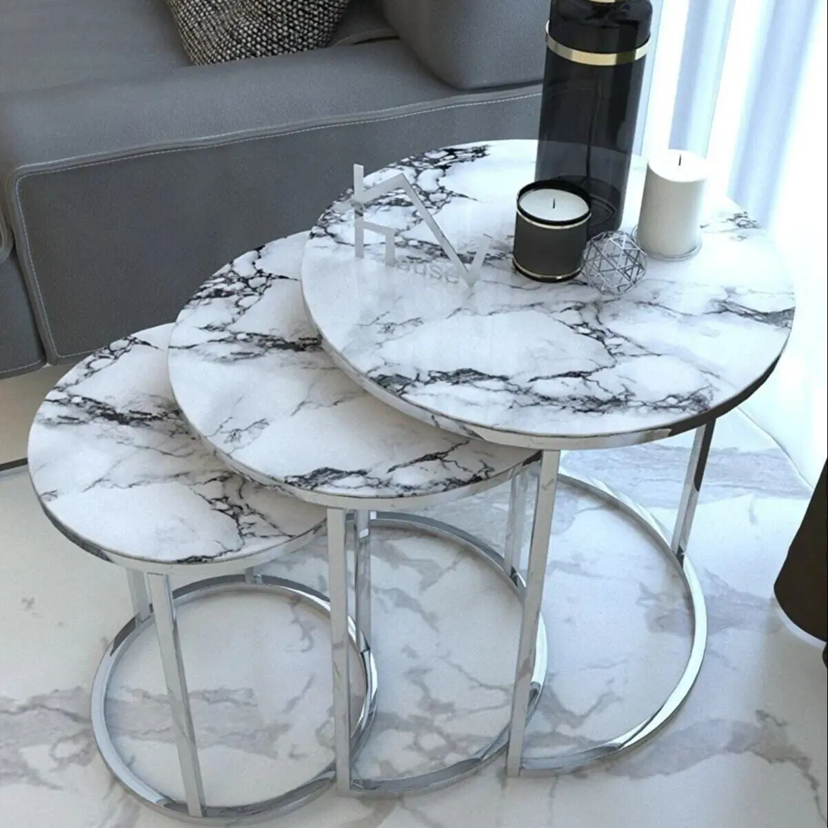 Decorative Gold Nesting Table Set of 3 Unbreakable Tempered Glass Luxury Marble Design Home Living Room 3Pcs Furniture Accessory