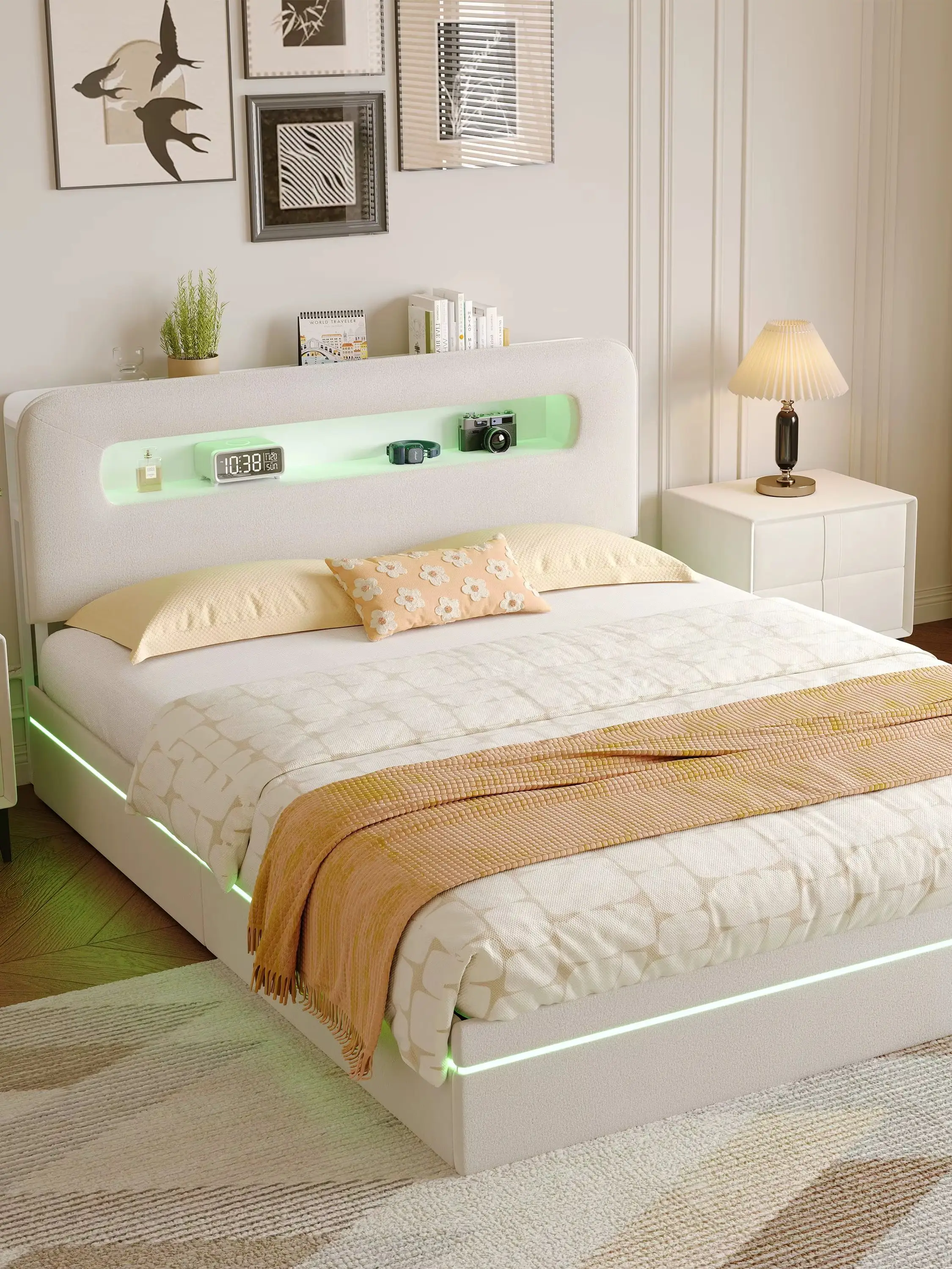 140X200 cm Dubbel gestoffeerd bed, bed met boxspring en bedframe, gestoffeerd bed met opbergruimte en LED-verlichting, veilige bedden - afbeelding 2