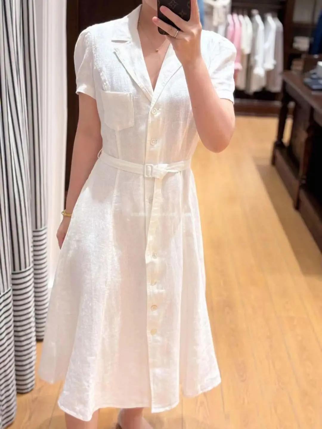 

Summer casual belt fitted pure linen dress