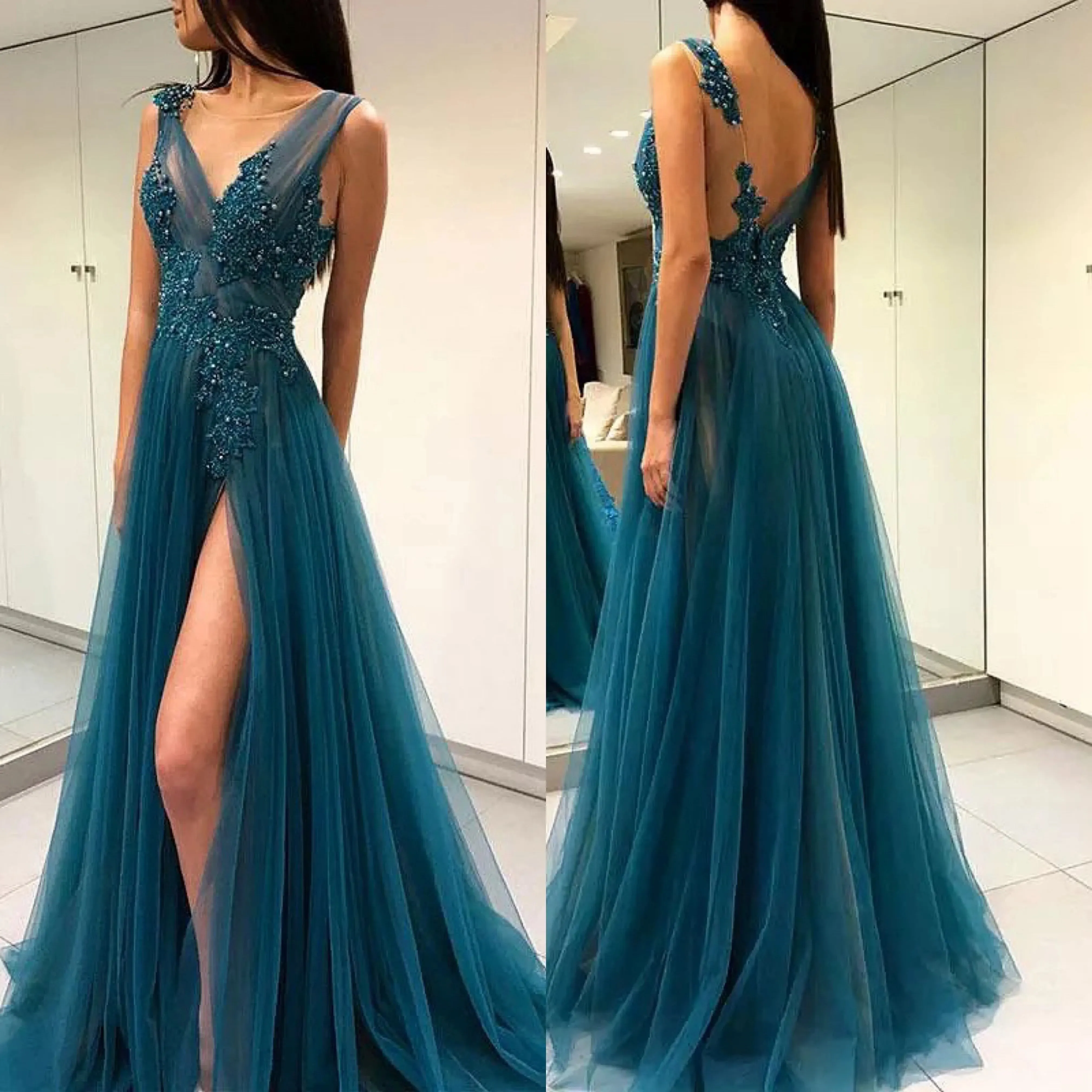 

Tulle V Neck A-line Evening Dresses Spaghetti Straps Backless High Split Prom Gowns Elegant Appliques Sequins Women Party Dress