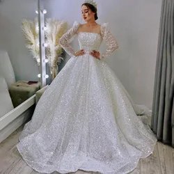 Princess O-neck Wedding Dress Long Sleeves Sequins Sparkly A-line Bridal Gown Tulle Vestido De Novia