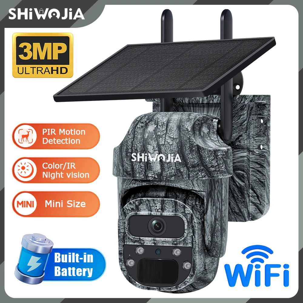 SHIWOJIA Mini PTZ Camouflage Solar Camera 4G WiFi IP65 Wide Angle AI Animal Detection Trail CCTV Security for Hunting Outdoor