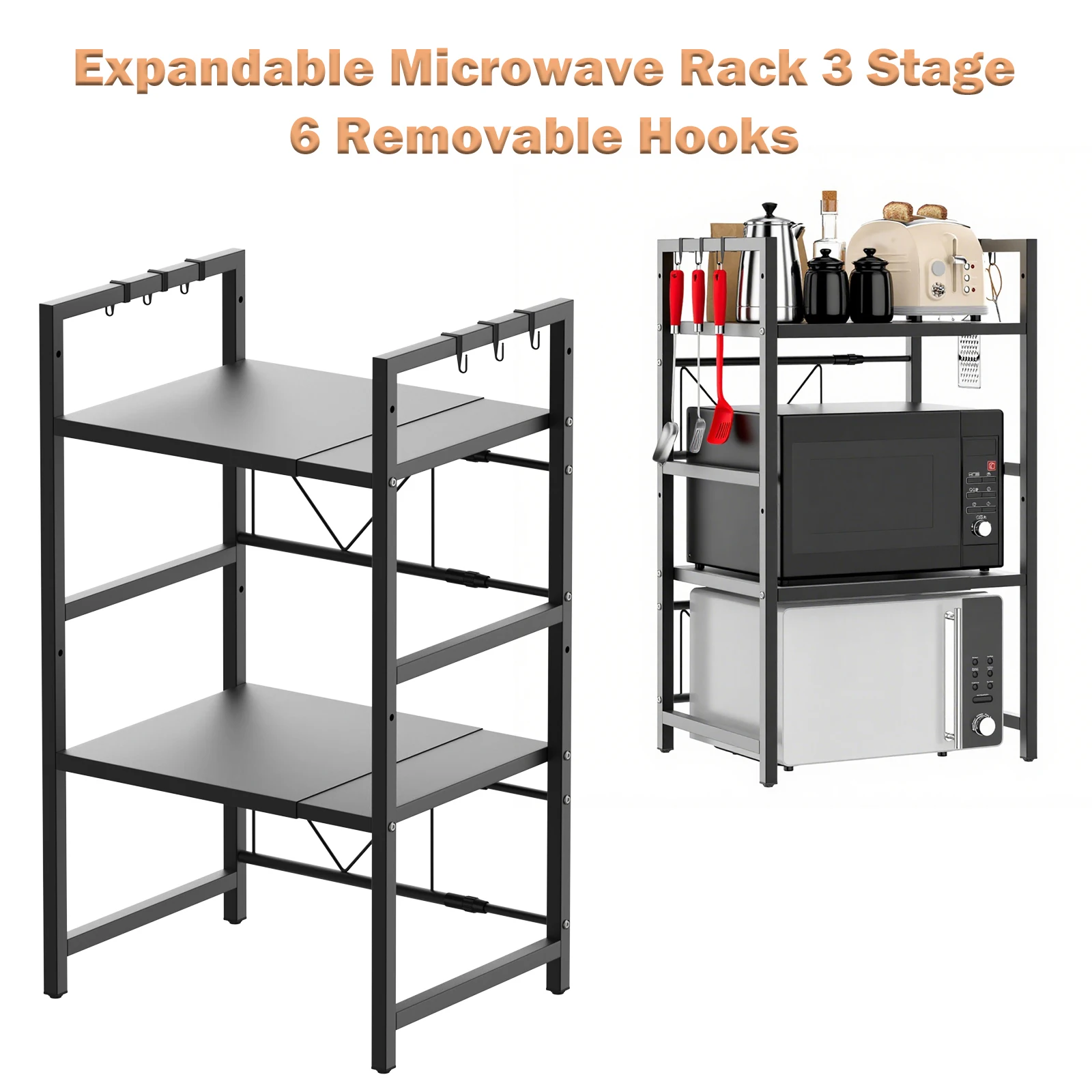 Étagère pour four à micro-ondes à 3 niveaux, peu encombrante, extensible, en acier au carbone, avec longueur et hauteur réglables (40-60 cm) – Charge maximale de 40 kg pour comptoir de cuisine, garde-manger, bureau