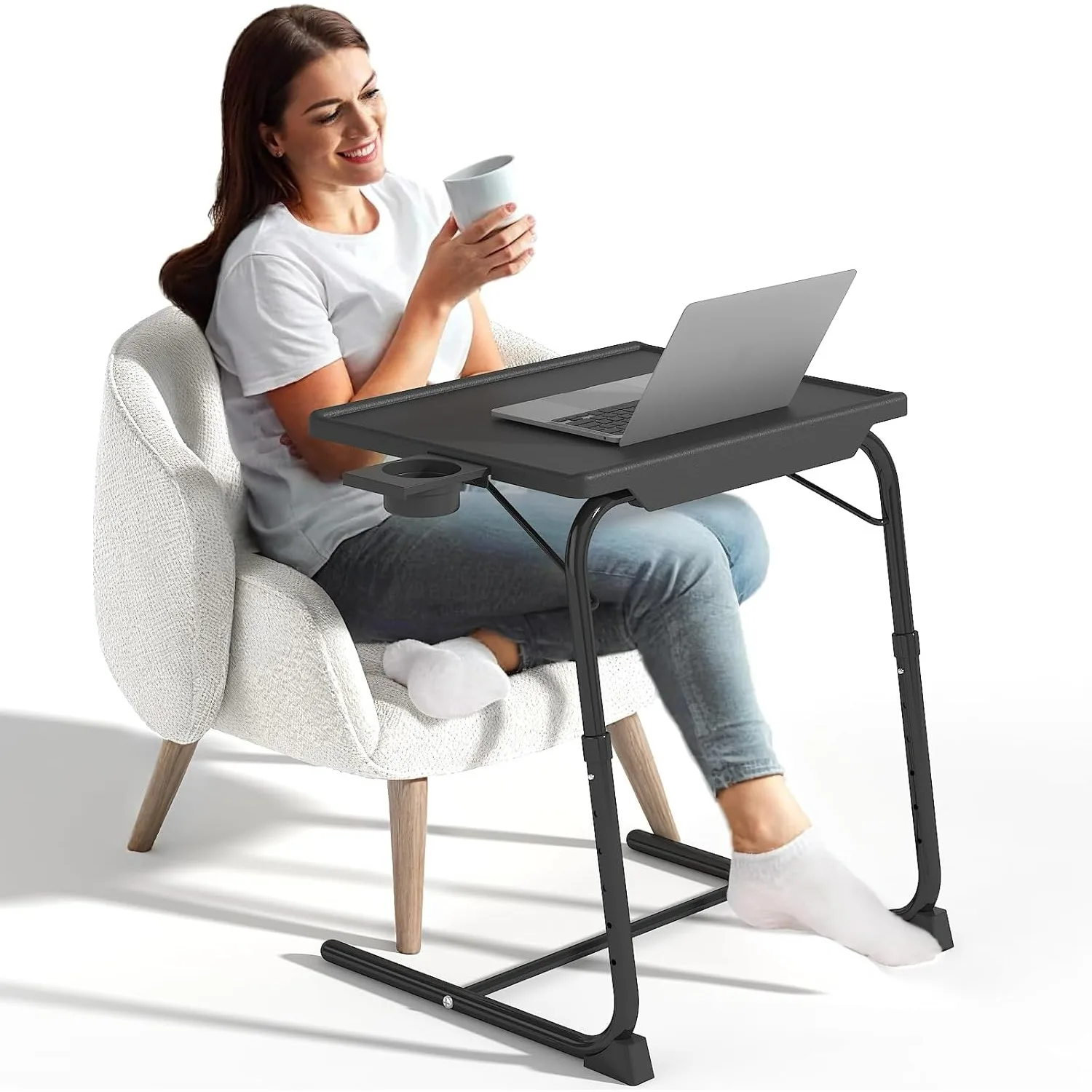 

TV Tray Table, Adjustable TV Dinner Table for Eating on Couch with Cup Holder, Folding Couch Desk with 6 Height & 3 Tilt Angle A