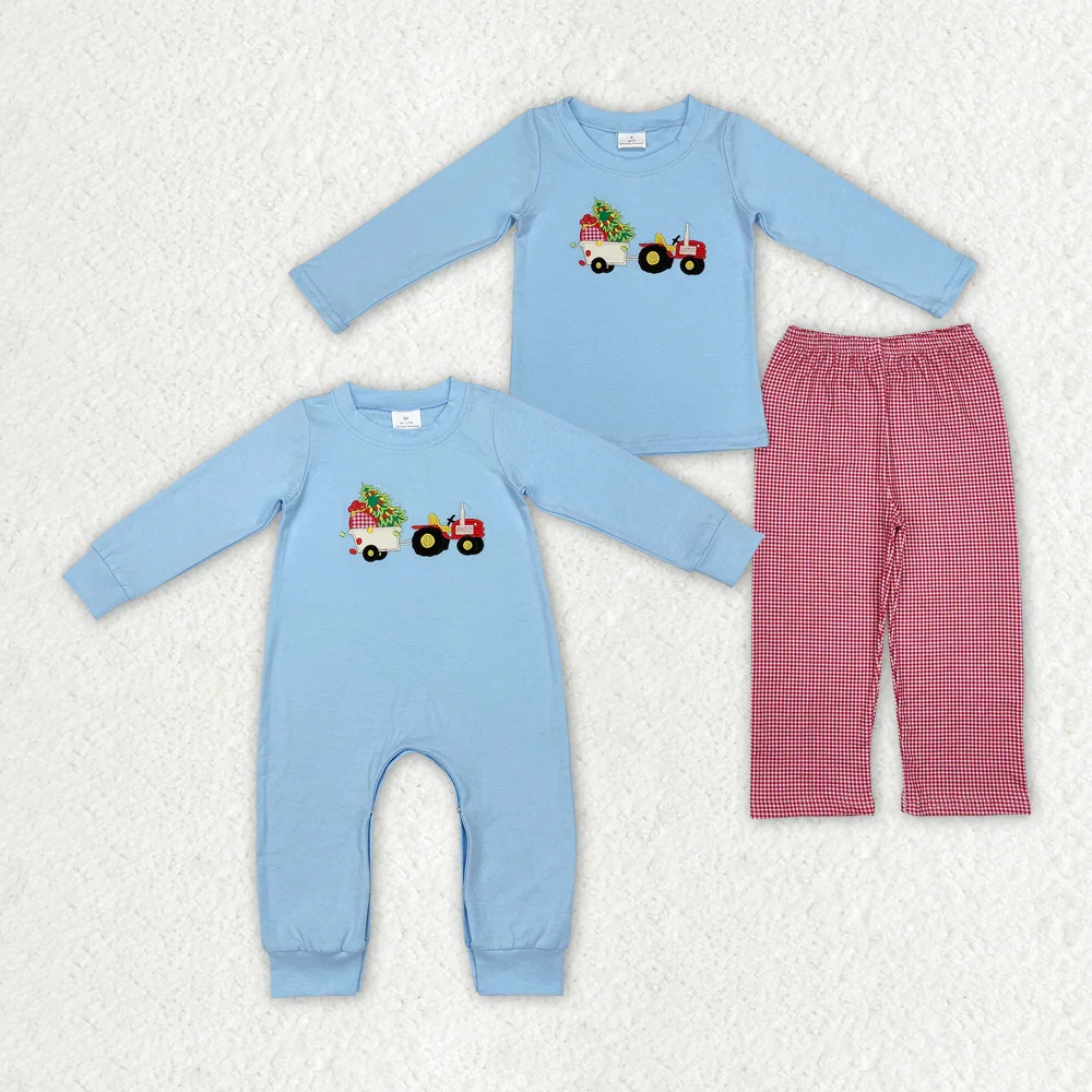 

Match Toddler Baby Boys Christmas Tree Tractor Rompers Clothes Sets Wholesale Boutique Fashion Children Brother Clothing
