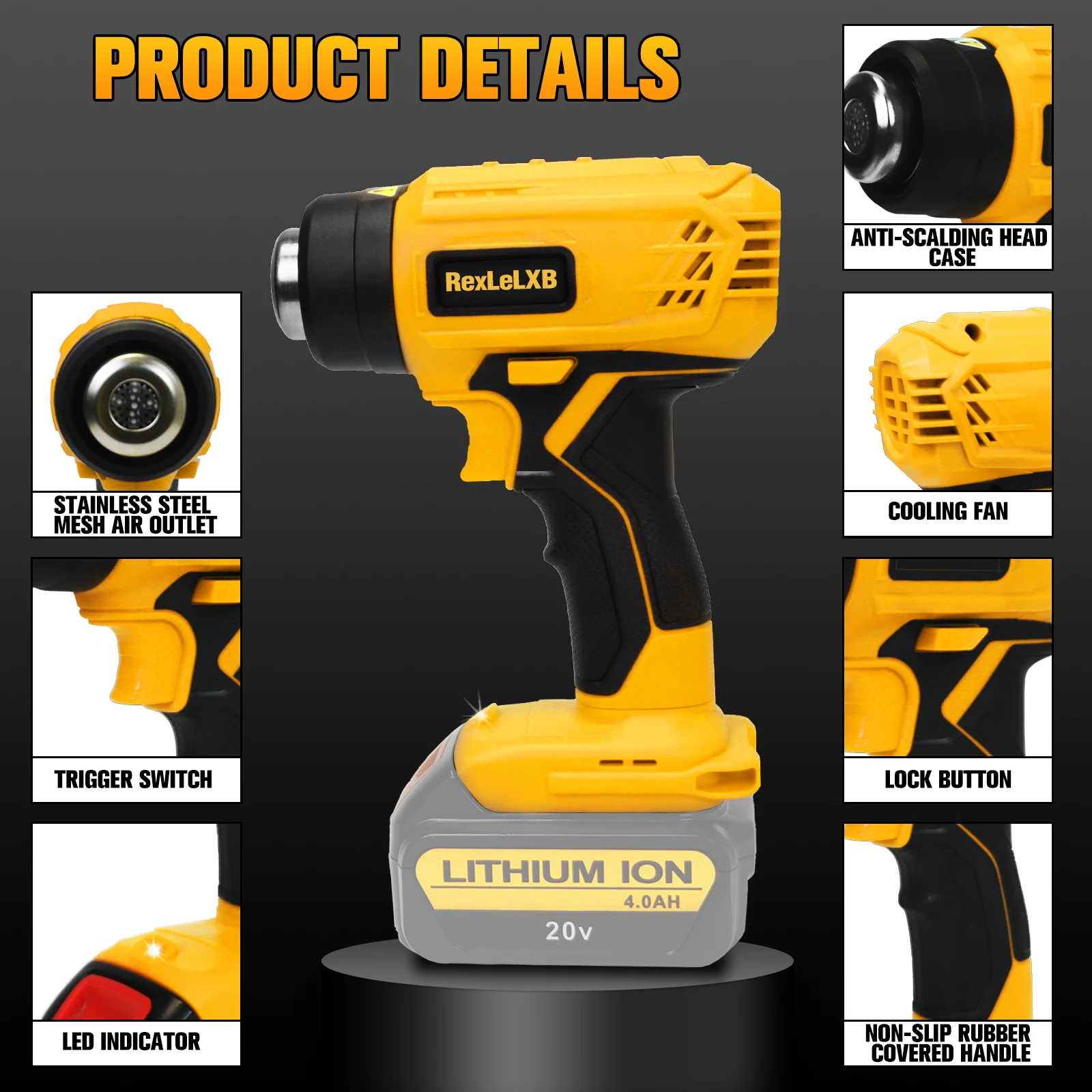 400W 500℃ Cordless Heat Gun for Dewalt/Milwaukee 18V 20V Battery Handheld Hot Air Gun with 4 Nozzles Power Tool (No Battery)