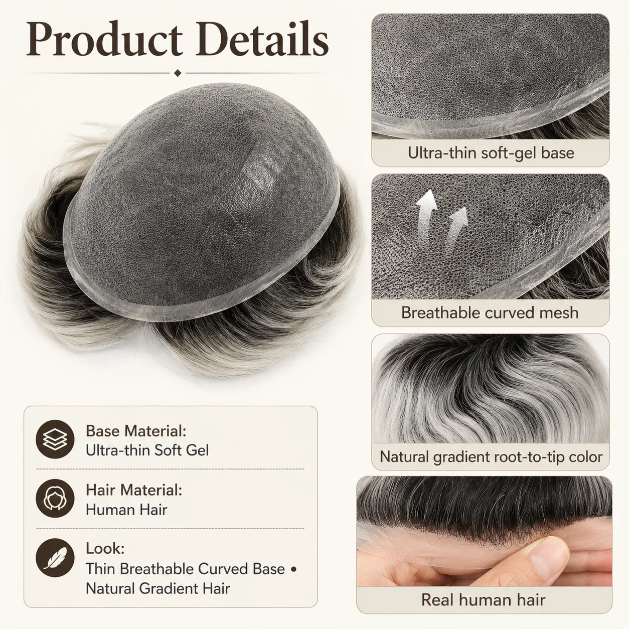 Beeos TUS20 V Loop 6 inches 0.04-0.06mm Thin Skin Human Hair System Men Toupee Men Replacement Systems Hair Piece Human Hair