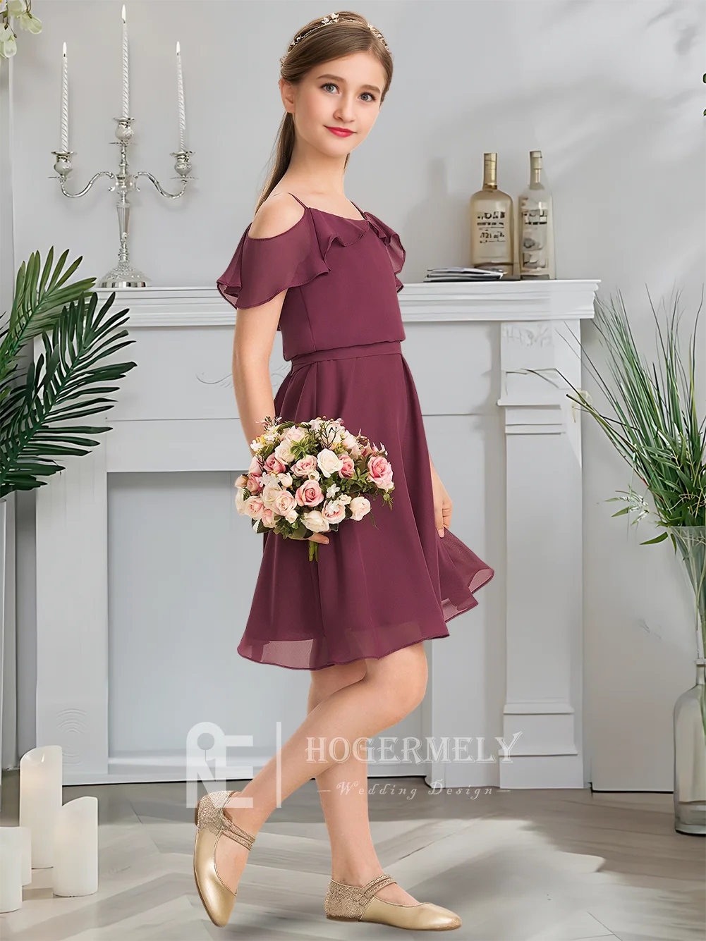 Роскошное платье подружки невесты с открытыми плечами, королевское сливовое платье с цветочным узором для девочек, шифоновое платье длиной до колена с каскадным бантом и оборками