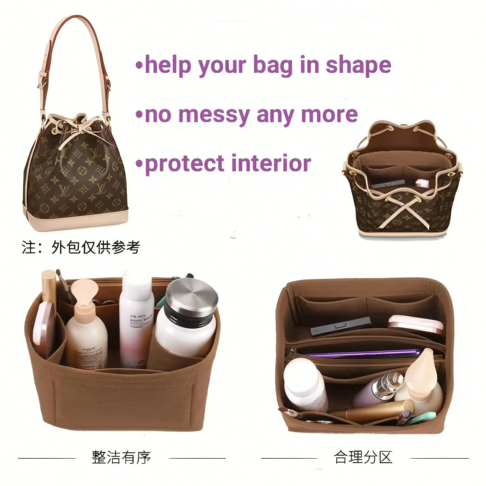 Mini Bucket Bag Organizer Insert Fit Nano BB Felt Handbag Liner Zipper Pocket Purse Inner Storage Shaper Divider