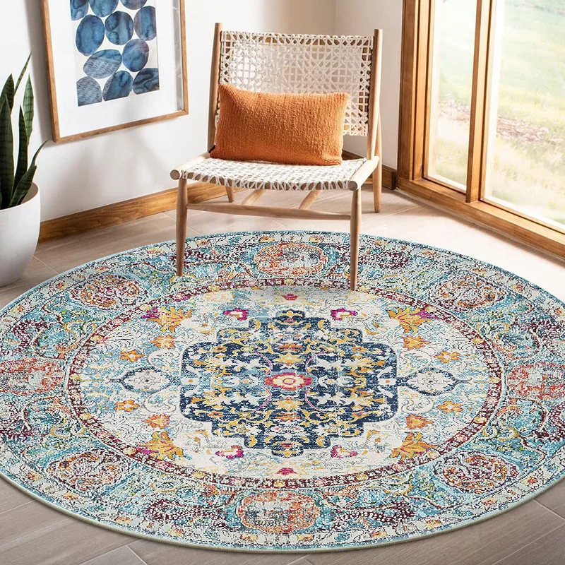 Retro Blue Persian Carpet Round Area Carpet For Living Room Ethnic Style Tpr Washable Carpet Mat Thickened Non-Slip Bedroom Rugs