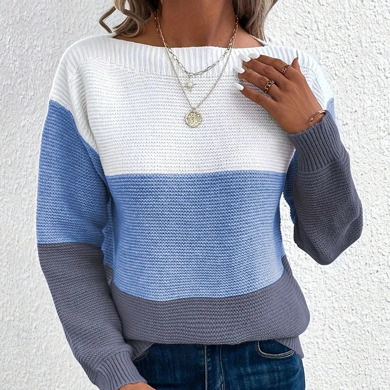 Elegant Three-color Patchwork Sweater Women\'s Round Neck Splicing Knitted Sweater Female Autumn Winter Thickened Warm Pullovers