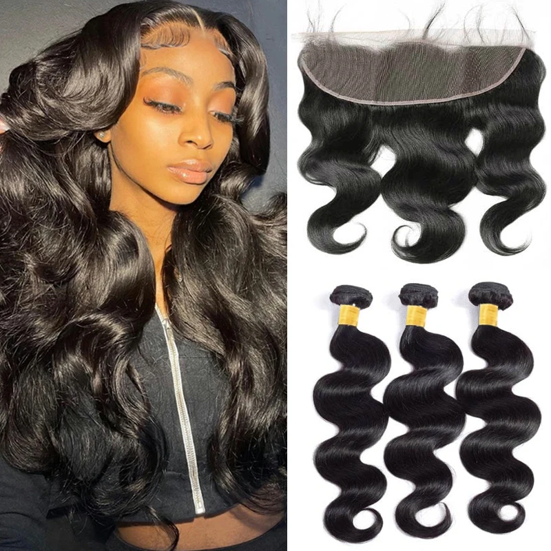 Body Wave Human Hair Bundles With Frontal 13x4 HD Transparent Lace Frontal Brazilian Real Hair 100% Natural Human Hair Extension