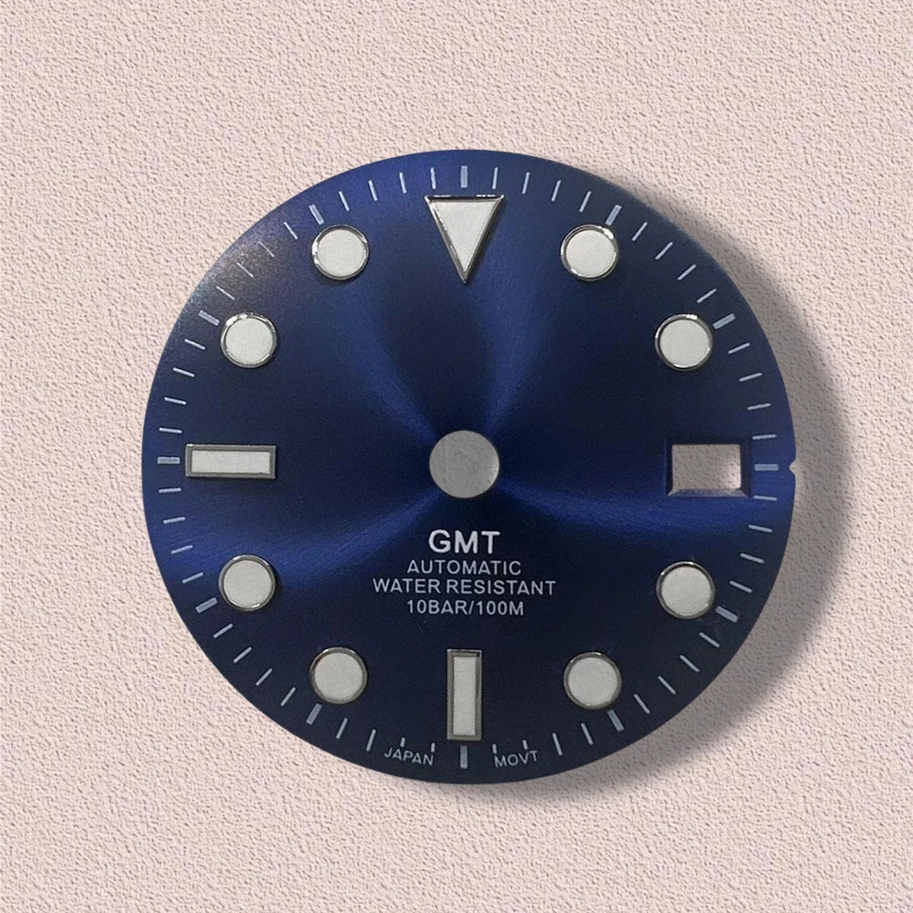 Quadrante Sunburst con logo GMT S da 28,5 mm, adatto al movimento NH34, quadrante verde luminoso di alta qualità, accessori per la modifica dell'orologio, ore 3/3,8/4